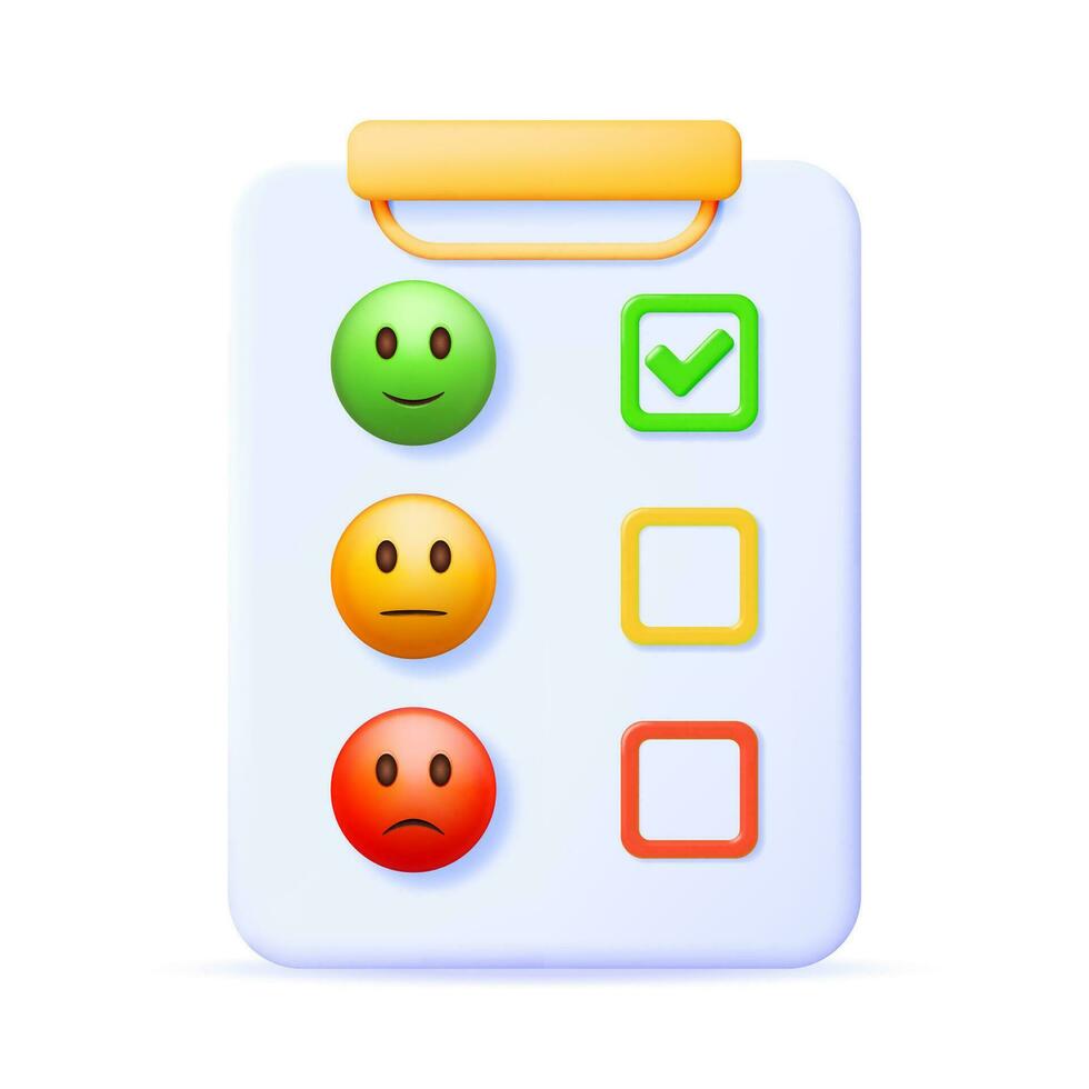 3D Paper Clipboard Holder with Smile Emoticons Checklist. Render Clipboard with Paper Sheet Positive, Neutral and Negative. Testimonials Rating, Feedback, Survey, Quality, Review. Vector Illustration
