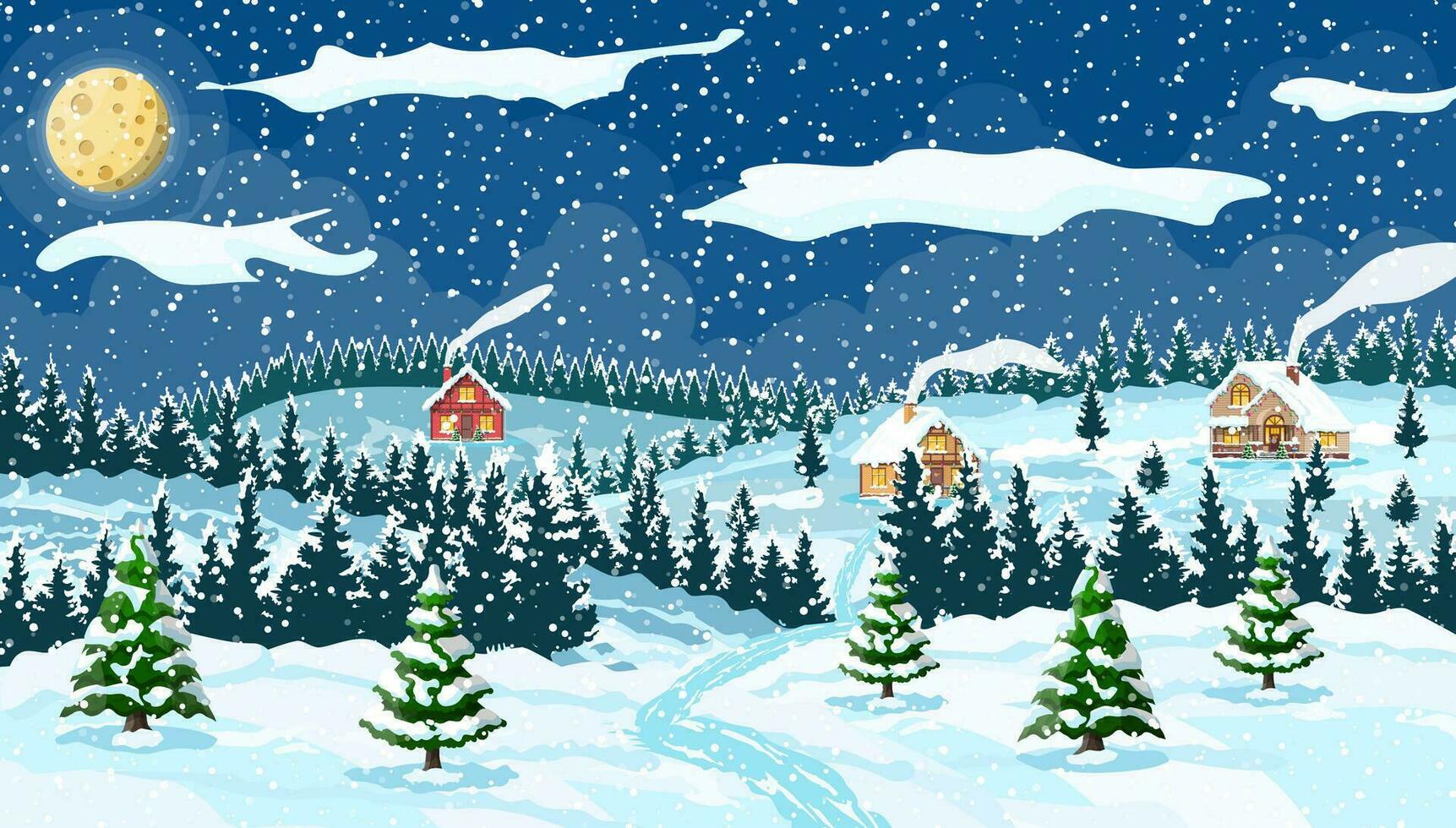 invierno Navidad antecedentes. pino árbol madera y nieve. invierno paisaje con abeto arboles bosque y aldea. contento nuevo año celebracion. nuevo año Navidad día festivo. vector ilustración plano estilo