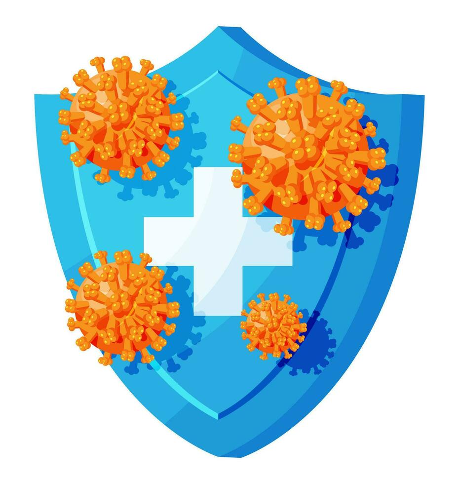 Security shield for virus protection. Stop coronavirus. Virus 2019 nCoV, pathogenic microorganism. Bacteria cell, covid 19 influenza disease and protective shield. Flat vector illustration.