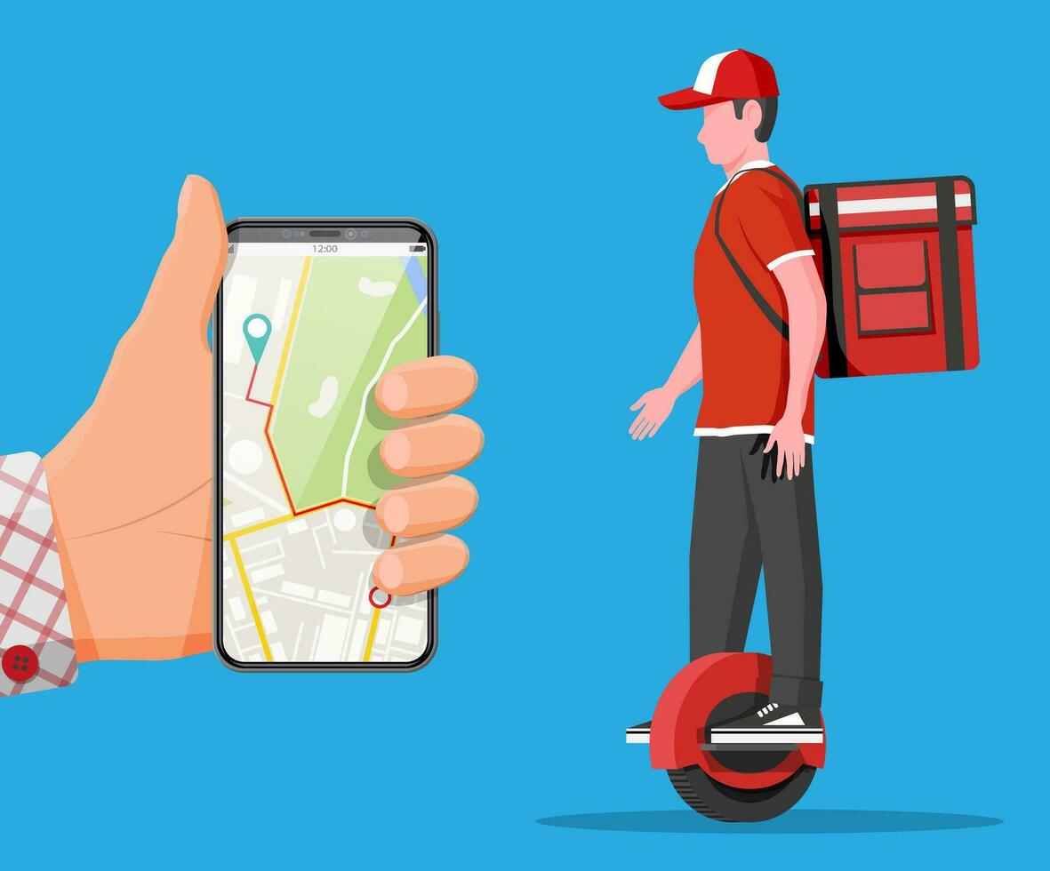 Smartphone with app and man riding monowheel with the box. Concept of fast delivery in the city. Male courier with parcel box on his back with goods and products. Cartoon flat vector illustration