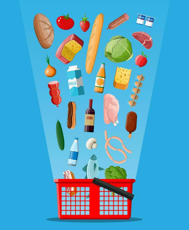 Shopping basket with fresh products. Grocery store supermarket. Food and drinks. Milk, vegetables, meat, chicken cheese, sausages, salad, bread cereal steak egg. Vector illustration flat style