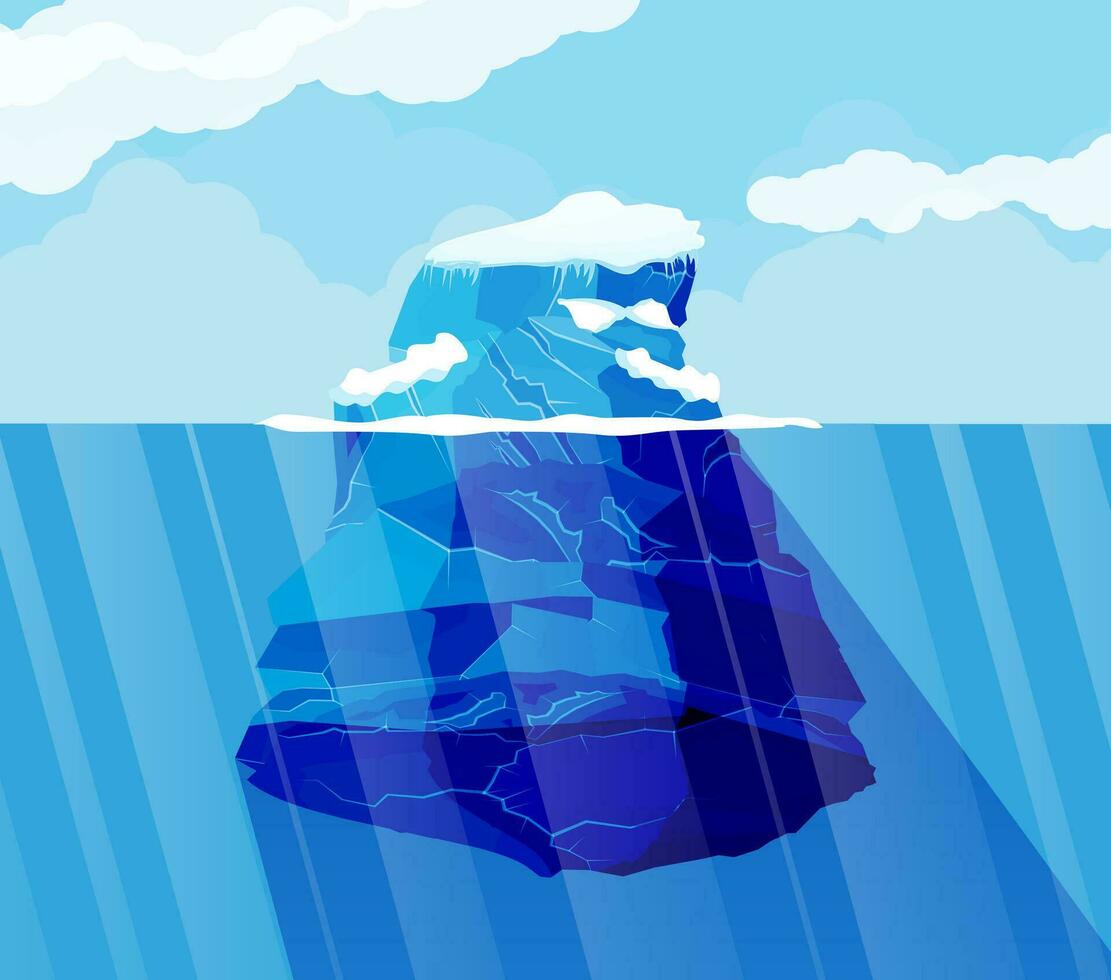 grande iceberg y océano. hielo en mar. azul cielo con nubes norte naturaleza antecedentes. vector ilustración en plano estilo