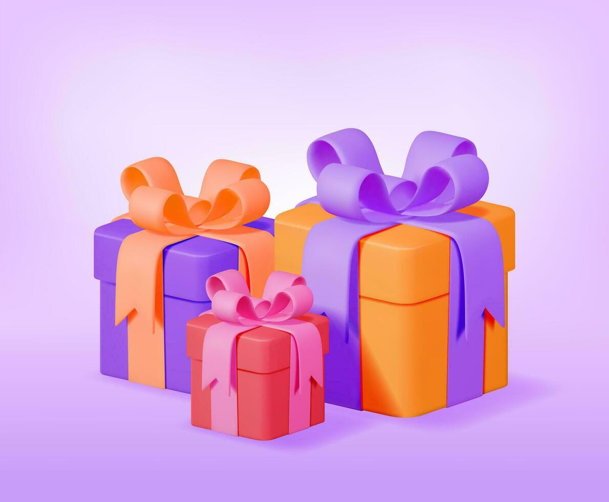 3D Gift Boxes Pile Isolated. Render Colorful Wrapped Box. Christmas. New, Year, Sale, Shopping. Present Box with Bows and Ribbons. Giftbox for Valentine, Birthday and Holiday. Vector Illustration