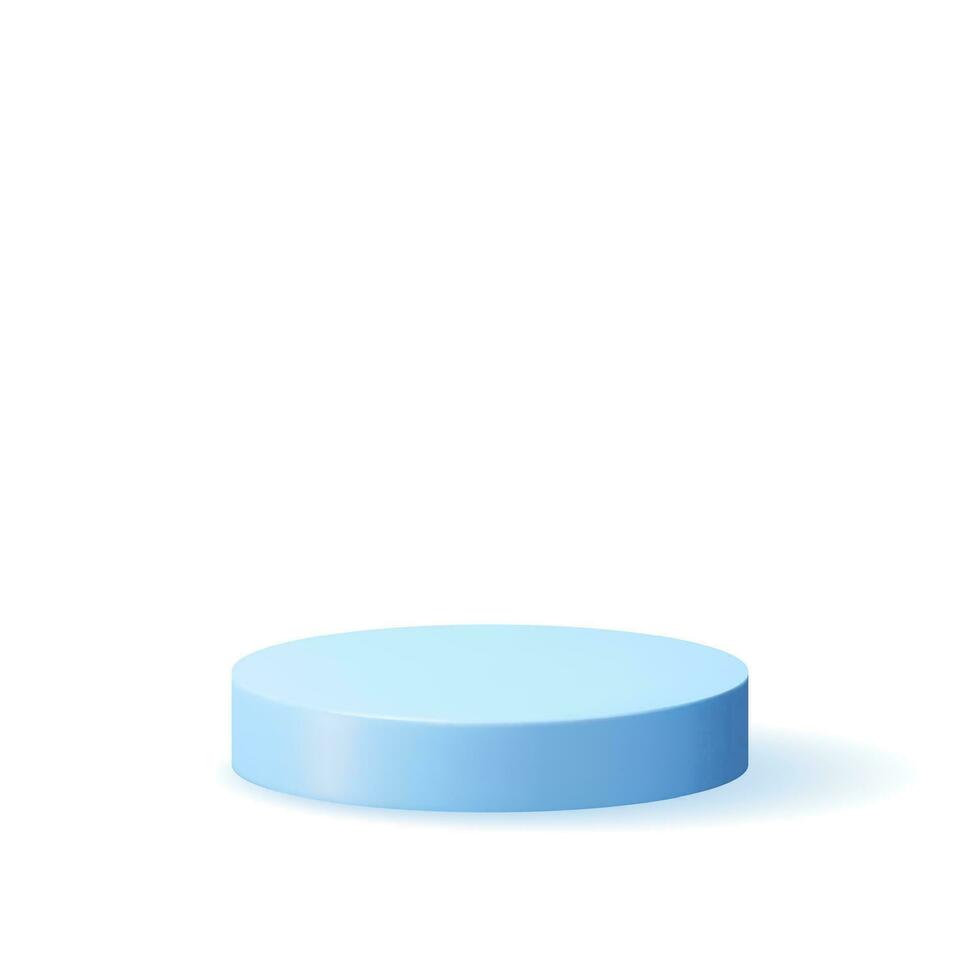 3D Blue Cylinder Podium Isolated. Stage for Product Presentation with Shadow. Empty Stage Round Podium. Minimal White Scene. Pedestal 3D Platform. Realistic Vector Illustration