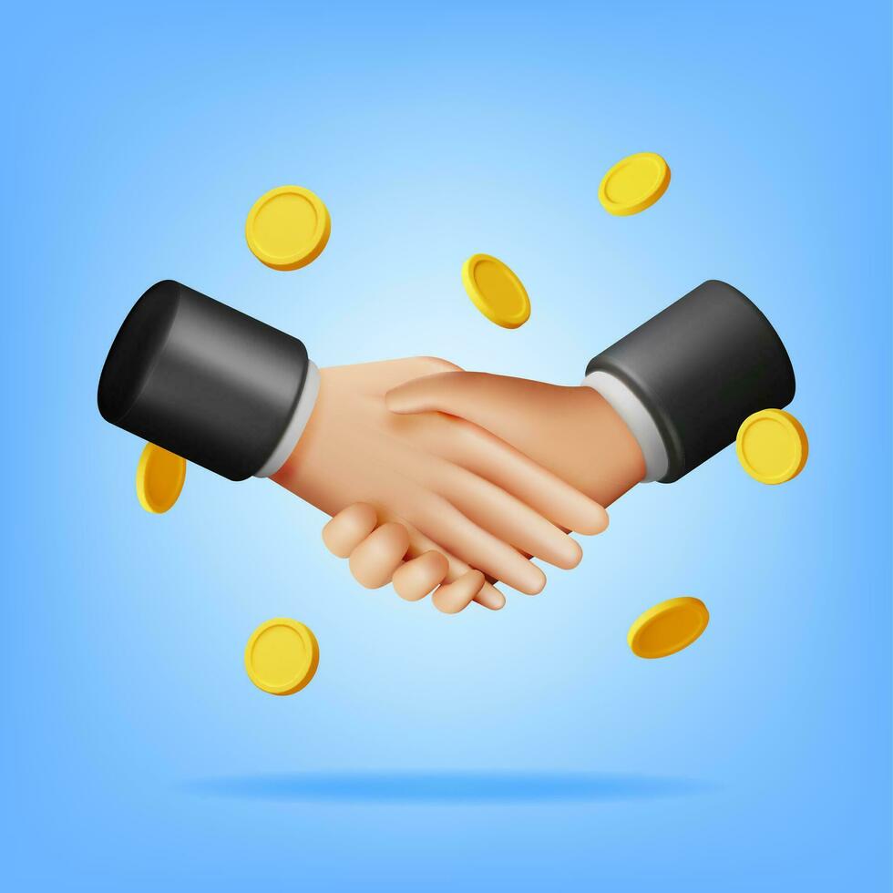 3D Handshake Gesture and Money. Render Concept of Shaking Hands. Relations of Partnership. Business People Partners Handshake. Successful Transaction, Agreement, Deal. Vector Illustration