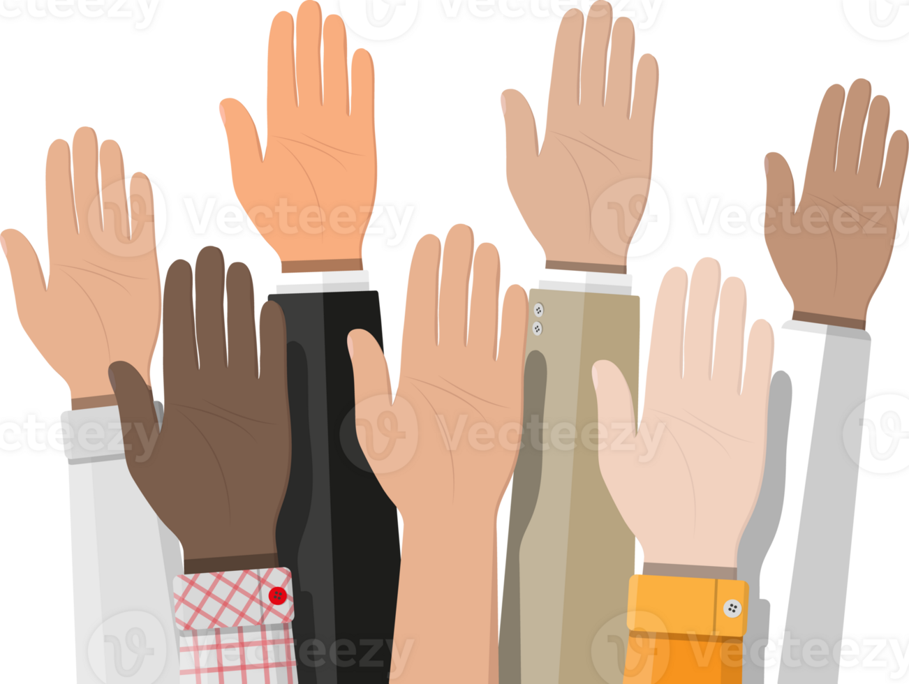 Raised up hands. People vote hands. png