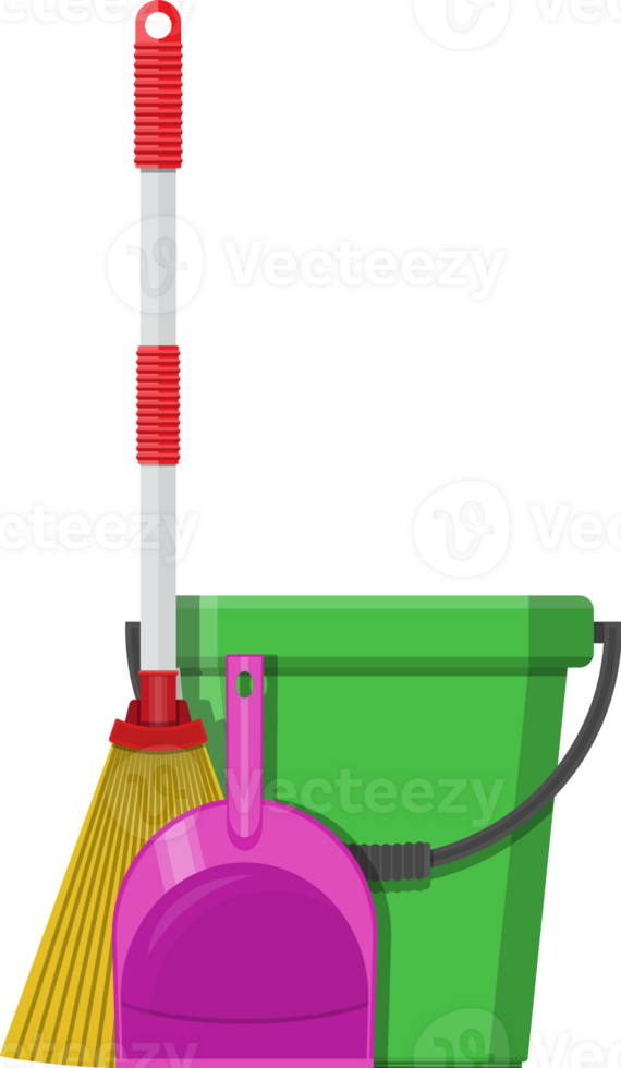 Plastic bucket, dustpan and broom png