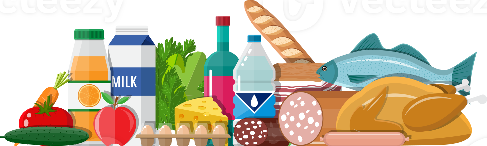 Grocery with meat, fish, salad, bread, milk png