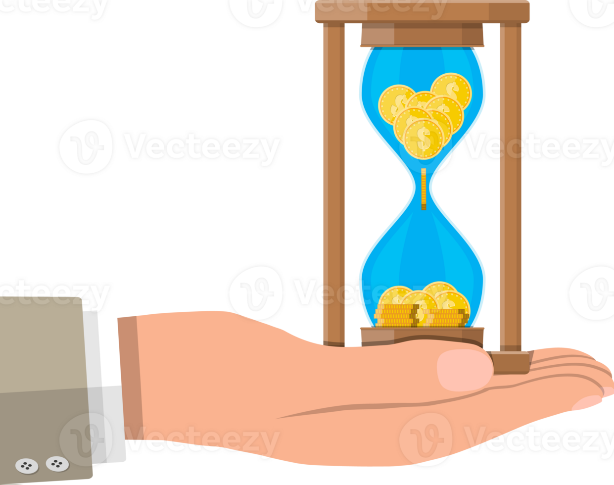 Old hourglass clocks with coins inside in hand png