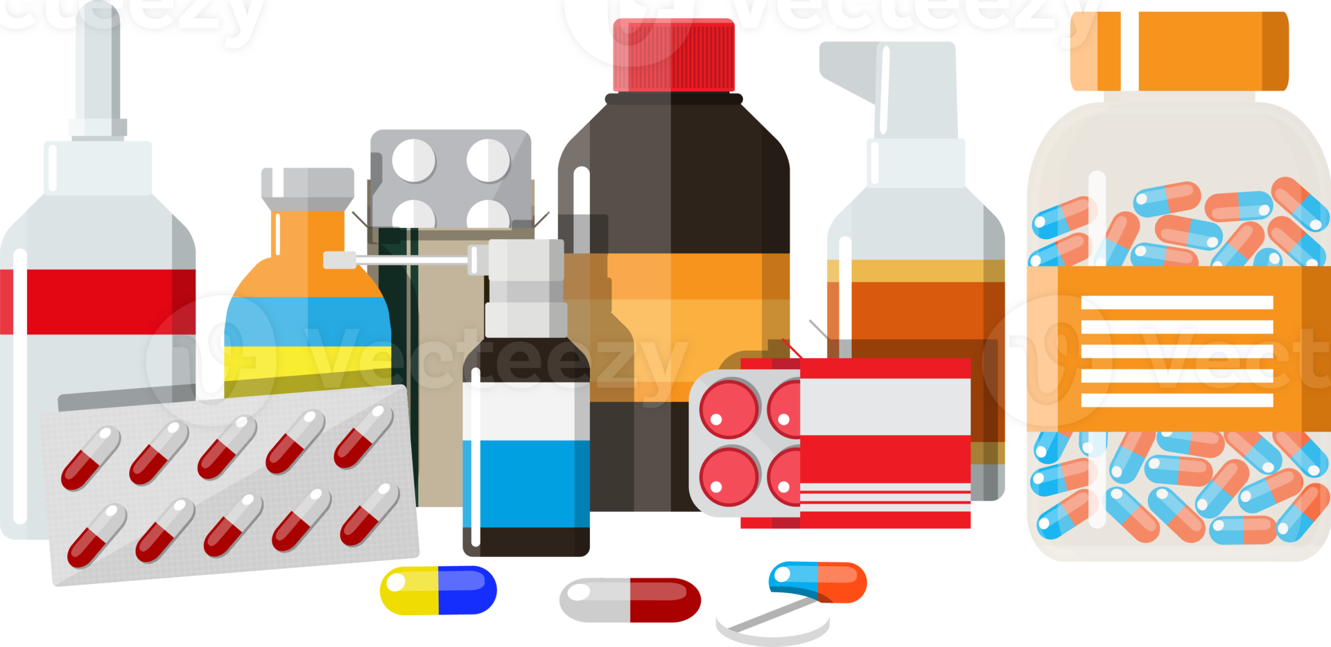 Different medical pills and bottles png