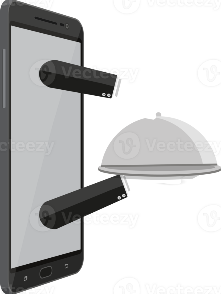 Cloche in hand of waiter and mobile phone png