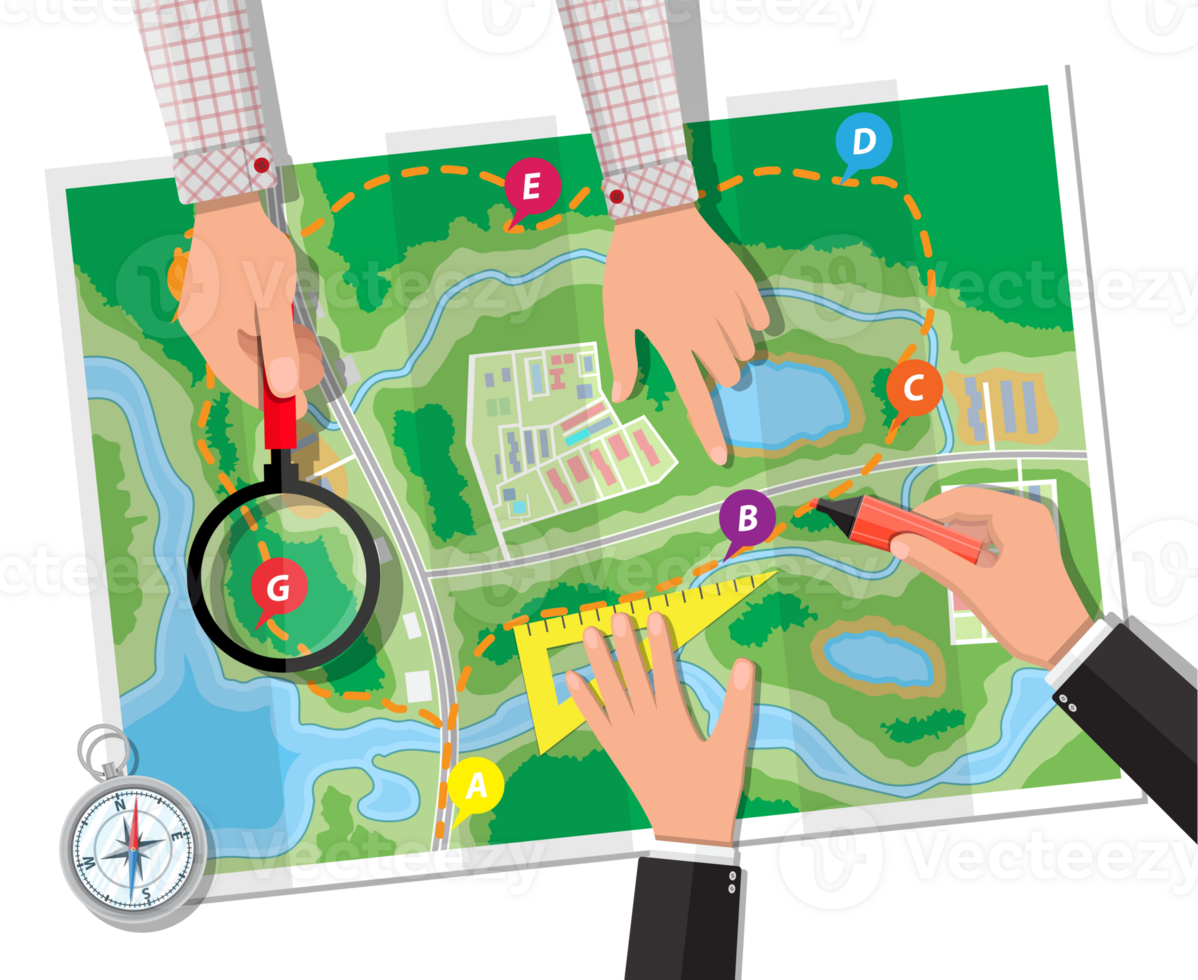 Wooden table with paper map. Planning trip png