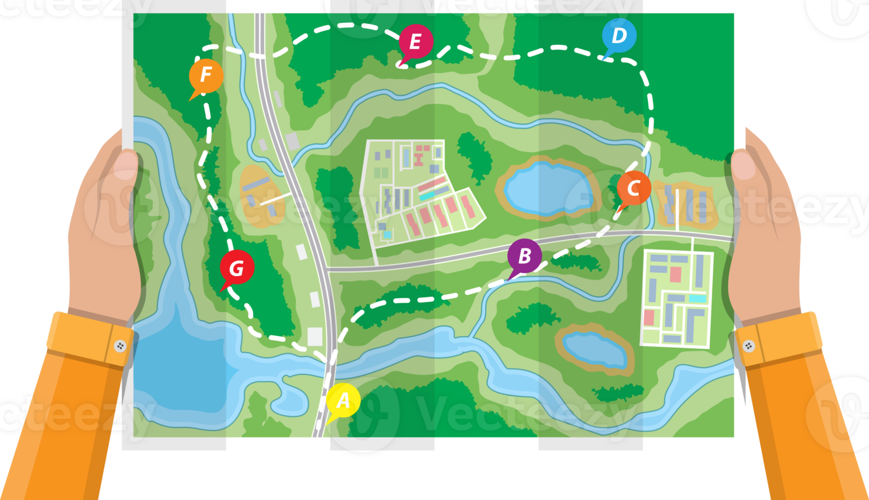 Folded paper city map in hands png