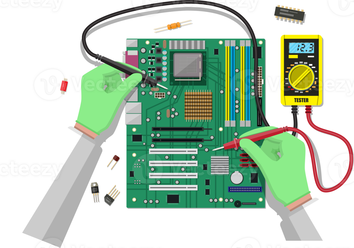 Engineer with multimeter checks motherboard png