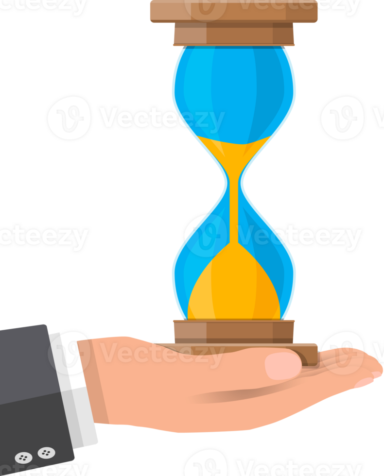 Human hand holds old style hourglass clocks png