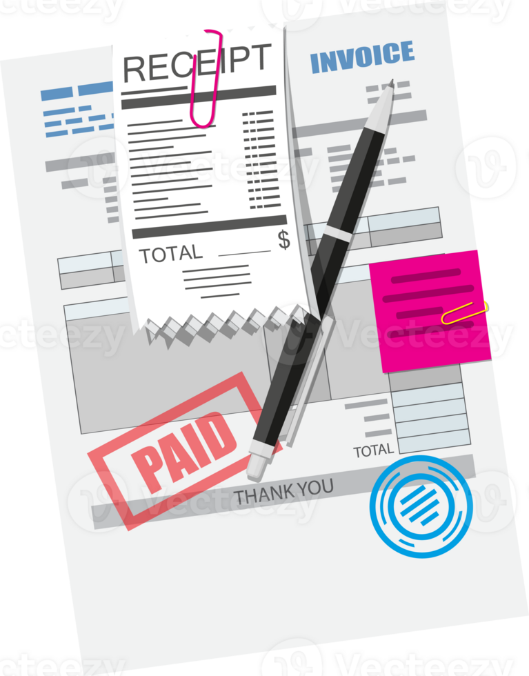 Paper invoice form with seal and pinned receipt png