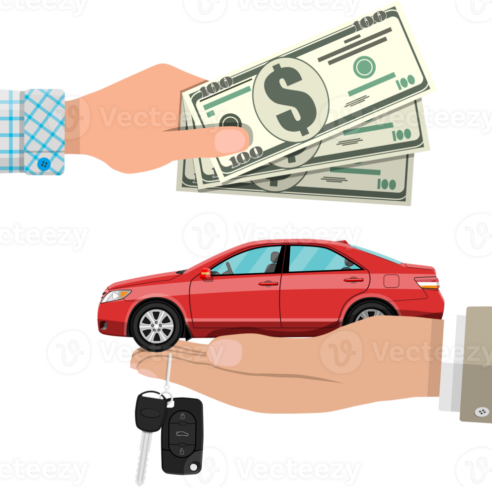 Hand with red car, keys and money png