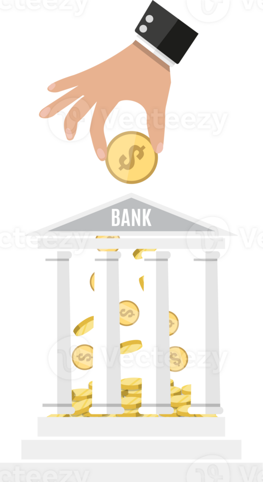 Hand putting golden coin into bank building. png