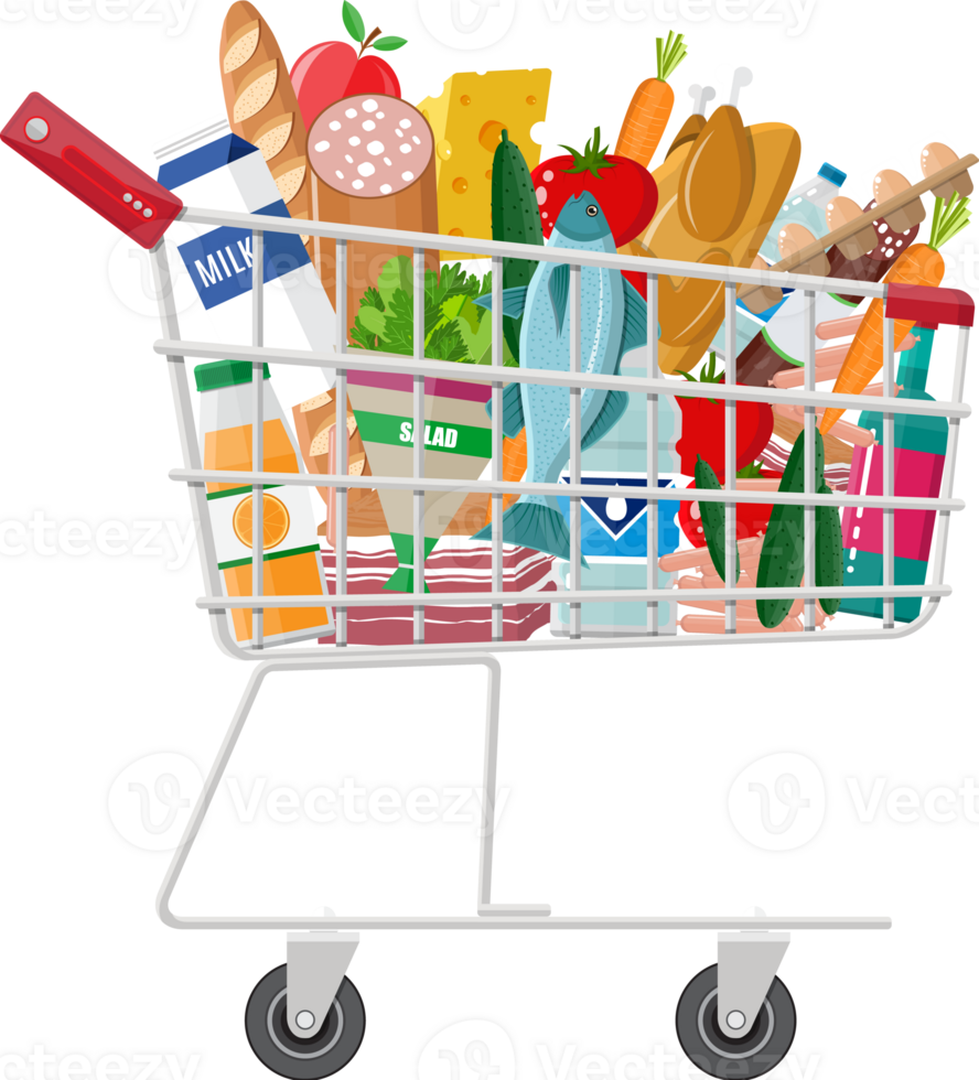 Shopping cart full of groceries products png