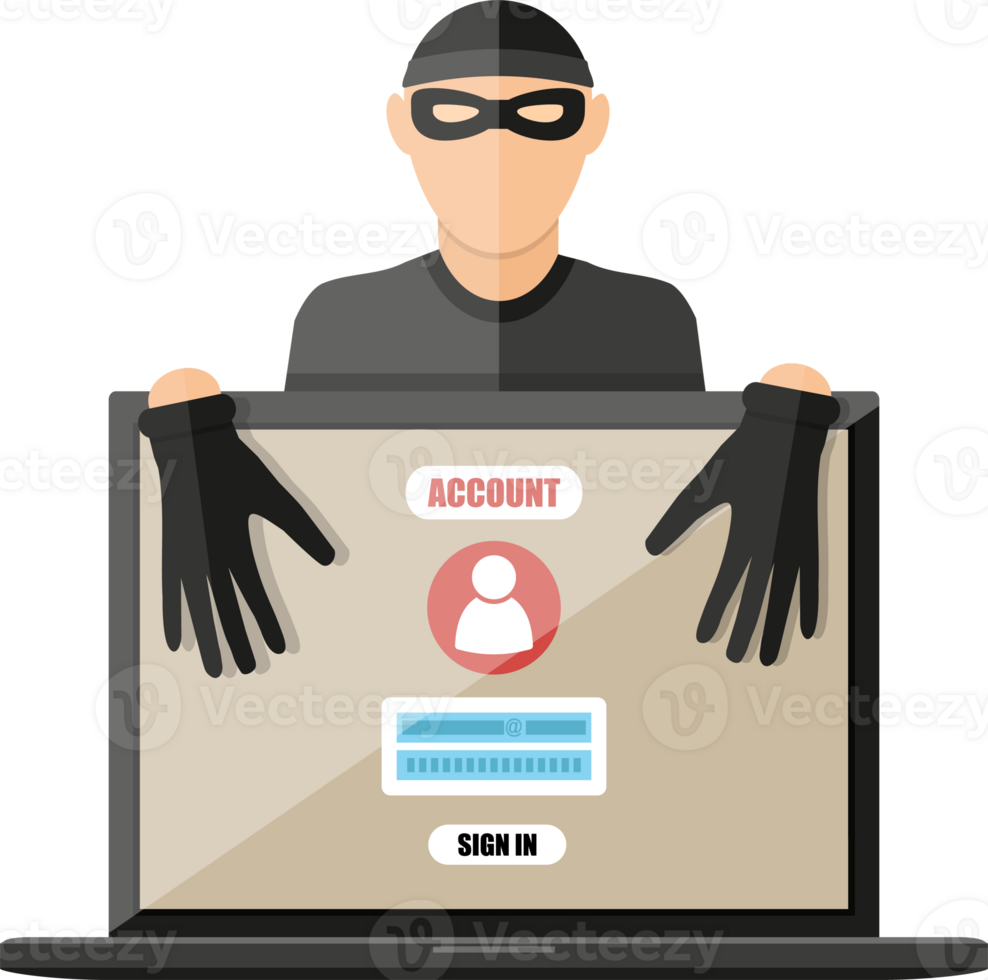 Thief hacker in mask stealing passwords from laptop png