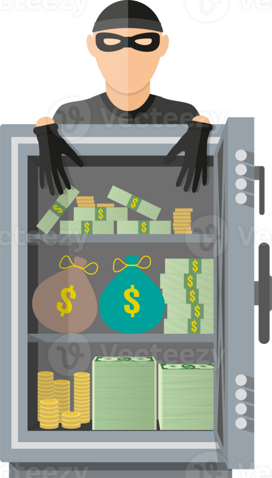 Burglar thief in mask on the big opened safe png