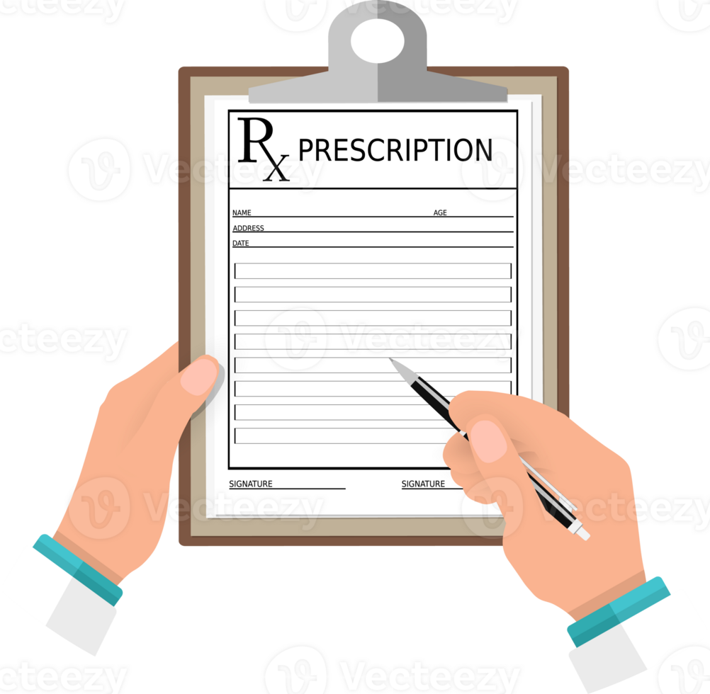Doctor hands and clipboard with RX form png