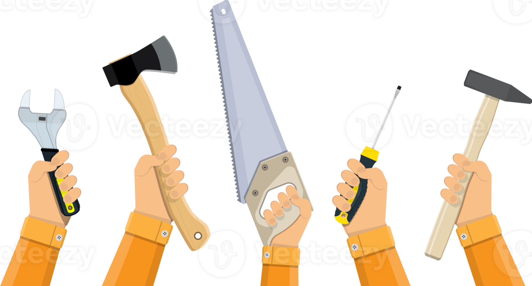Hands of workers holding building tools png