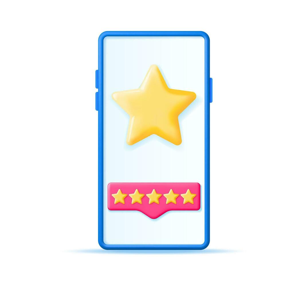 3D Smartphone with Customer Feedback Isolated. Reviews Toy Round Star in Phone Realistic Render. Testimonials, Rating, Feedback, Survey, Quality and Review. Achievements or Goal. Vector Illustration