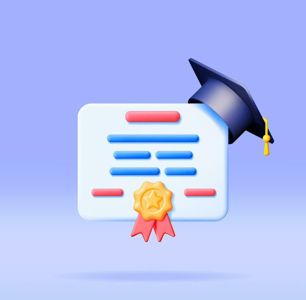 3d certificado con sello y graduación gorra. hacer blanco diploma con Insignia y educación sombrero. diploma o acreditación. objetivo y logro. negocio graduación concepto. vector ilustración