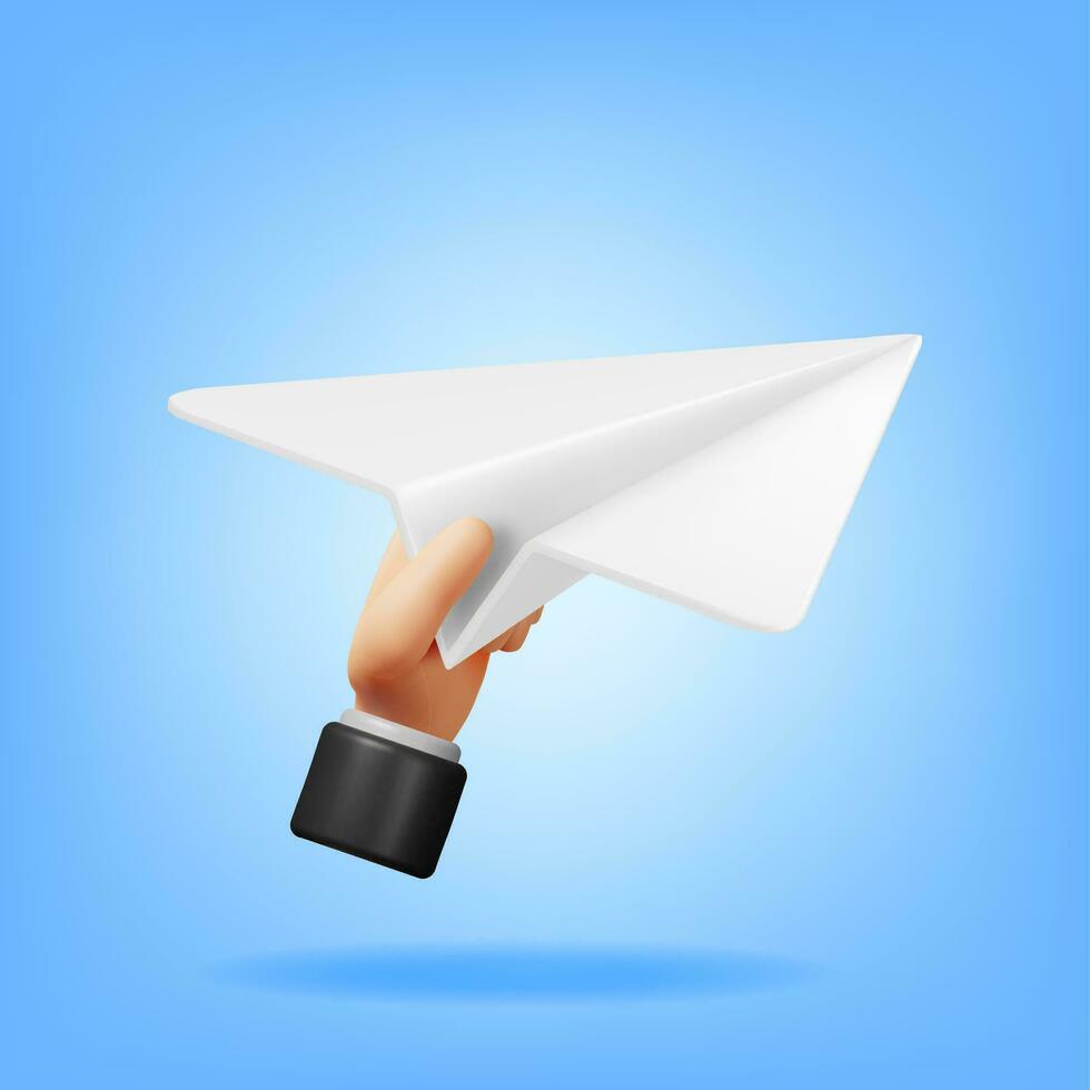 3D White Paper Plane in Hand Isolated. Render Folded Paper Into Shape of Airplane Icon. Origami Folded Toy Air Plane. Transportation, Delivery, Internet Mail and Messaging Symbol. Vector Illustration