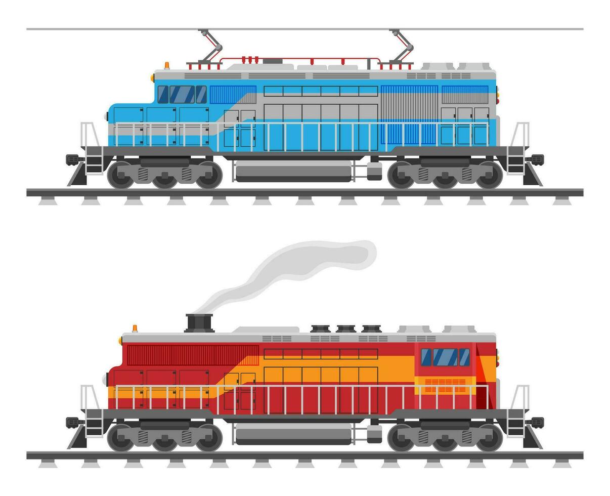 Diesel or electric locomotive isolated on white. Freight train with diesel or electric engine. Side view of powerful locomotive cargo train. Railroad transportation. Flat vector illustration