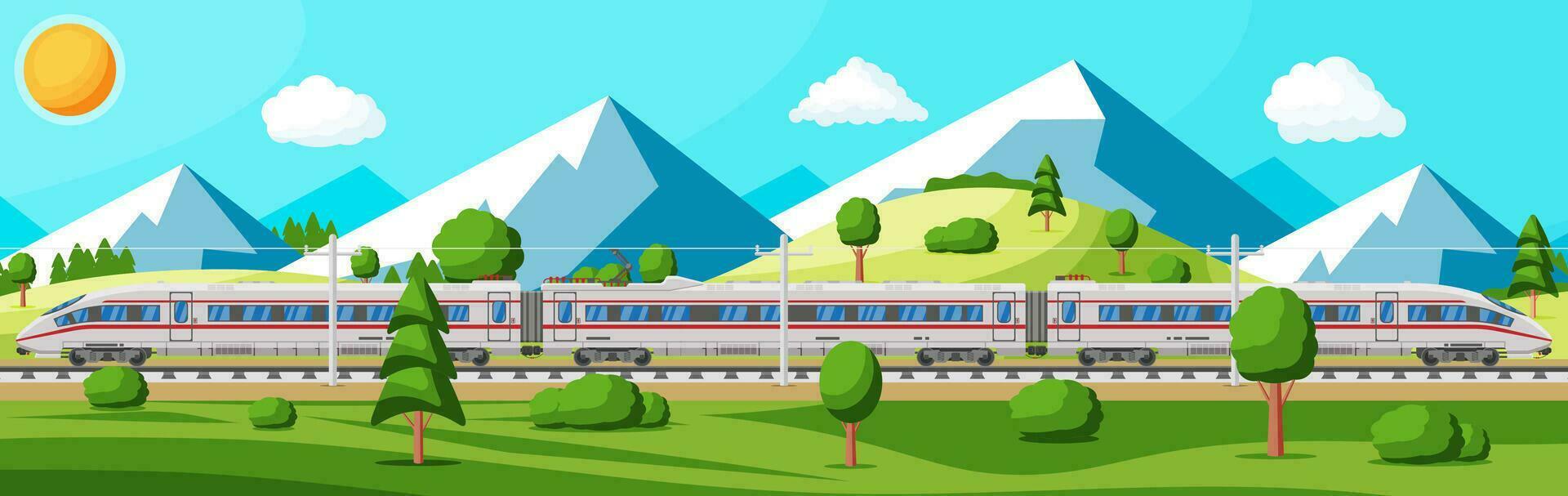 High Speed Train And Summer Landscape With Mountains. Super Streamlined Train. Passenger Express Railway Locomotive. Railroad Public Transportation. Rapid Transport Concept. Flat Vector Illustration