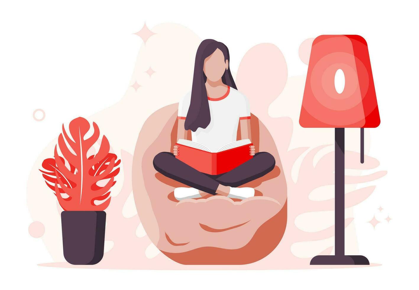 joven mujer sentado con las piernas cruzadas y leer libro. niña en loto actitud con libro en frijol bolsa. creativo trabajo o estudiando, educación. prepara a exámenes estudiante con libro de texto. plano vector ilustración