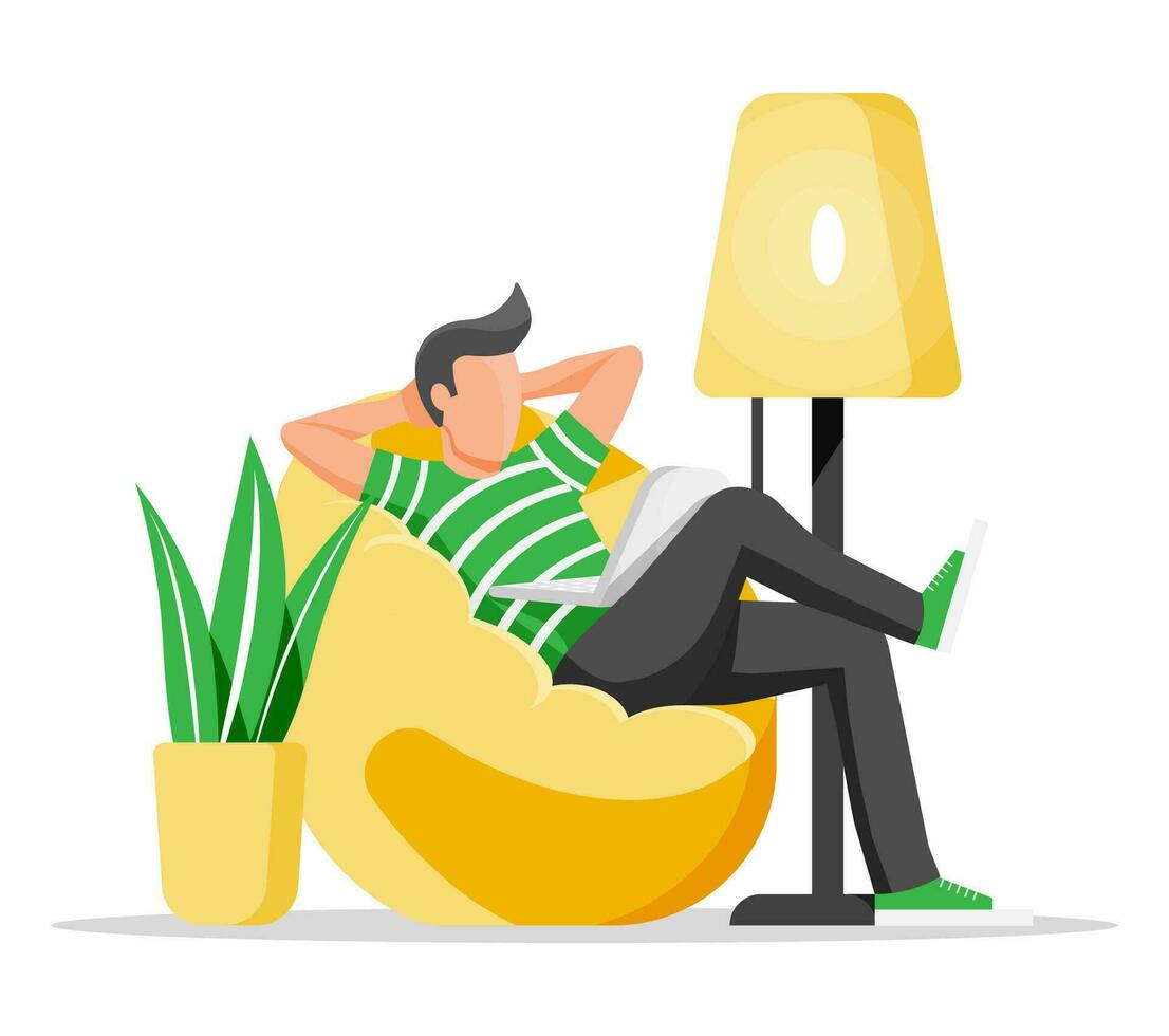 Freelancer man with laptop in beanbag chair. Relaxed freelance businessman work at home. Character in casual clothes sitting with computer. Lamp and plant. Cartoon flat style vector