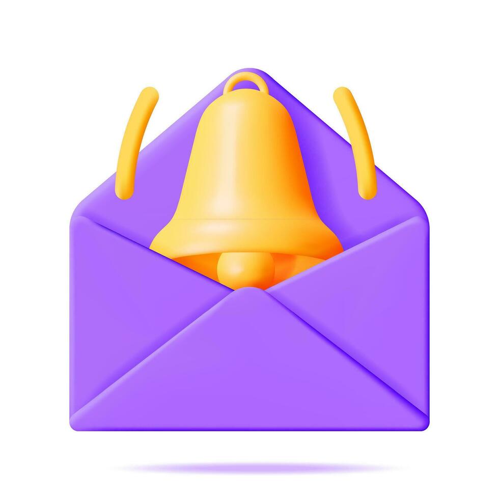 3D Mail Envelope with Bell Notification New Message Isolated. Purple Paper Letter Icon with Notification Gold Bell. New or Unread Email. Message, Contact, Letter and Document. Vector Illustration