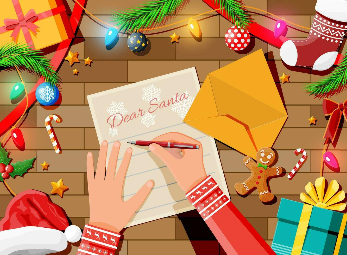 Letter with wishes to santa claus. Wooden desk candycane, envelope, fur branches, holly, stocking, hat, gingerbread man. Christmas new year eve xmas holidays. Vector illustration flat style