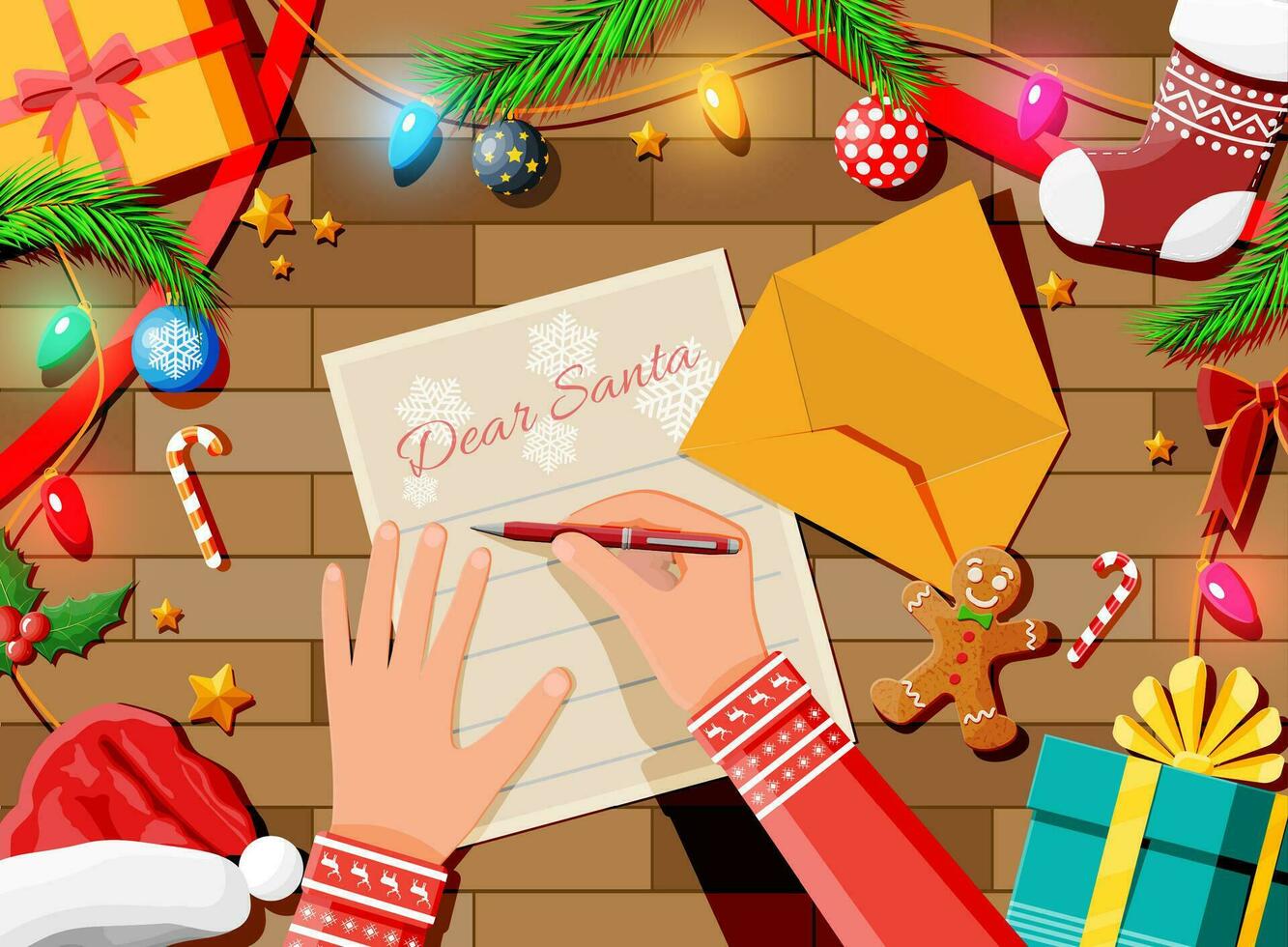 letra con deseos a Papa Noel noel de madera escritorio bastón de caramelo, sobre, piel sucursales, acebo, media, sombrero, pan de jengibre hombre. Navidad nuevo año víspera Navidad vacaciones. vector ilustración plano estilo