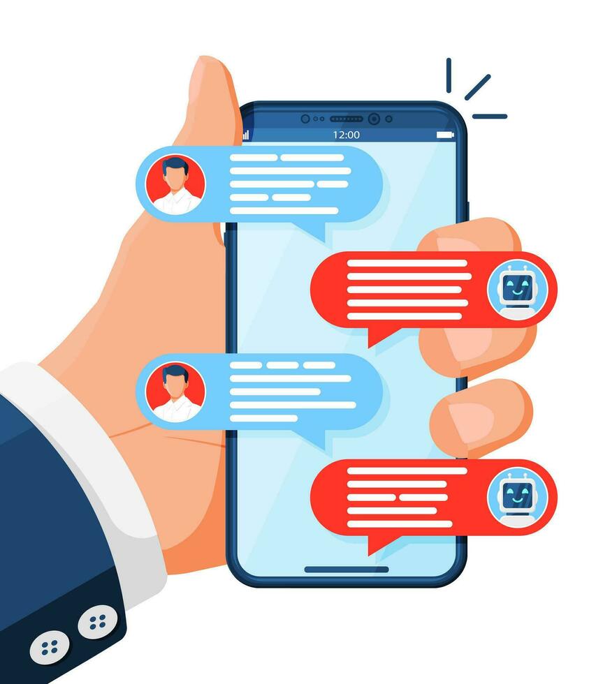 Chatting on Smartphone with Chat Bot Robot Isolated. Man Chatting with Chatbot on Phone. Chat Messages Notification on Screen. AI Chatbot, Support, Customer Service concept. Flat Vector Illustration