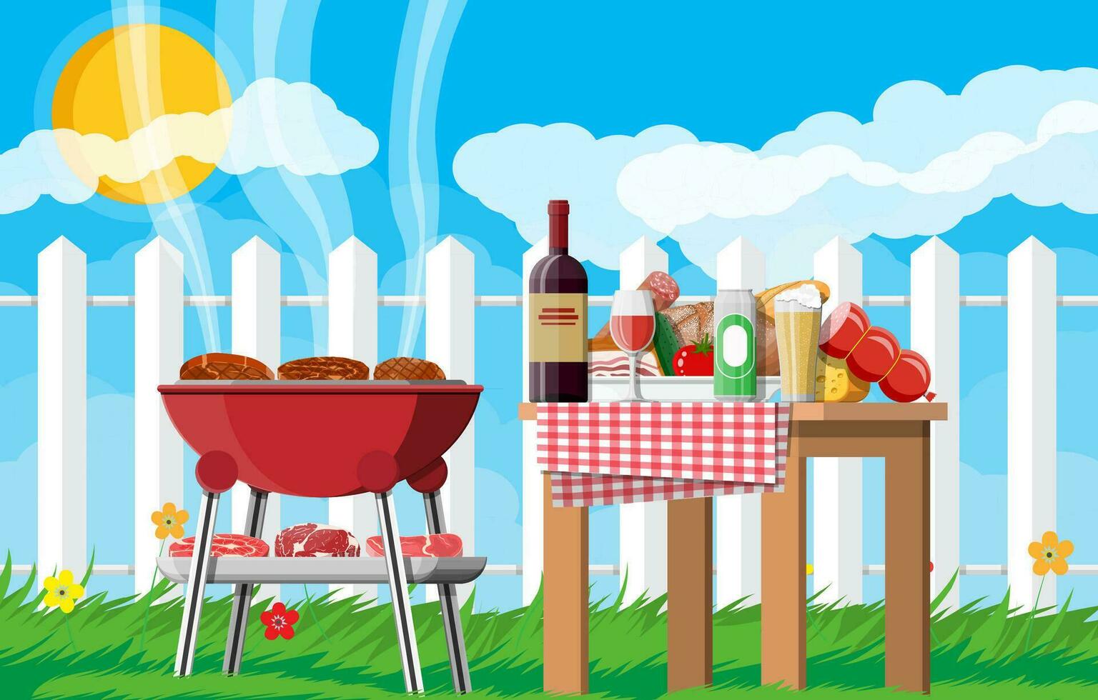 Bbq party or picnic. Table with bottle of wine, vegetables, cheese, can of beer. Electric grill with barbecue. Cooking steak, meat and sausages, grilling bbq. Vector illustration flat style