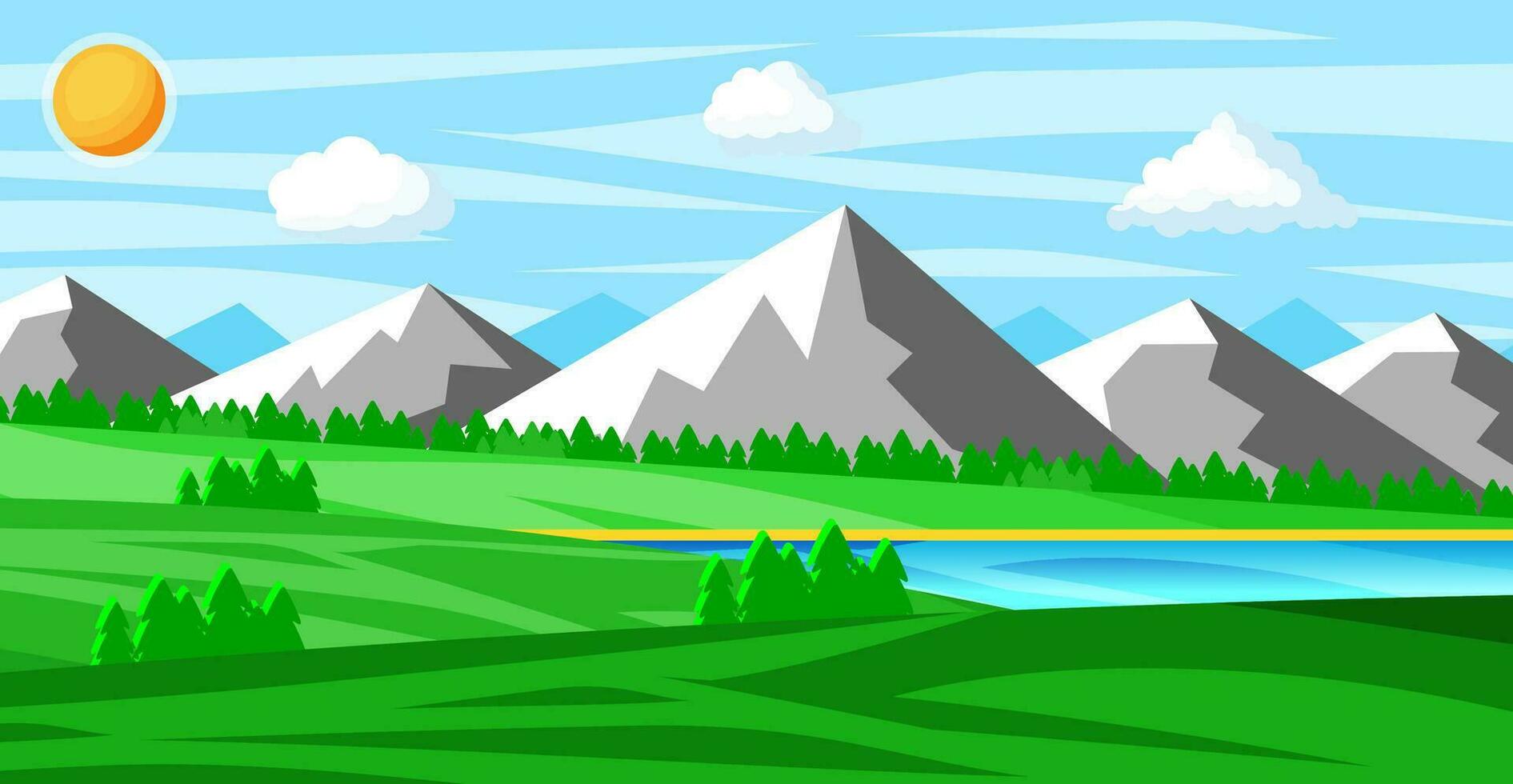paisaje de montañas y verde sierras. verano naturaleza paisaje con rocas, bosque, césped, sol, cielo, lago y nubes nacional parque o naturaleza reservar. vector ilustración en plano estilo