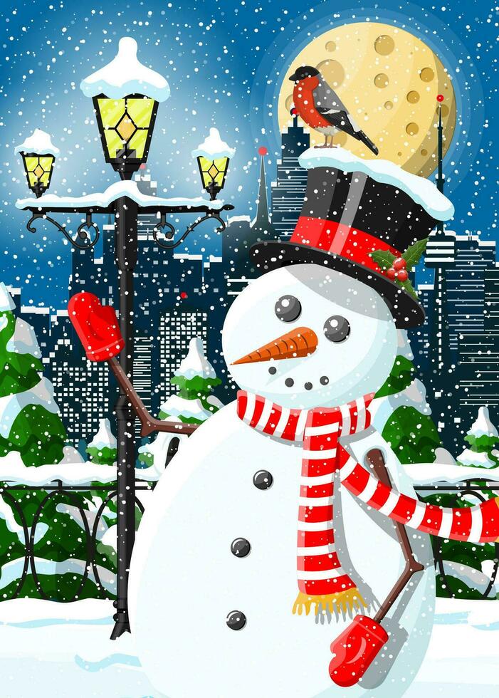 Navidad invierno paisaje urbano, monigote de nieve y arboles ciudad parque nieve callejón y edificios contento nuevo año decoración. alegre Navidad día festivo. nuevo año y Navidad celebracion. vector ilustración plano estilo