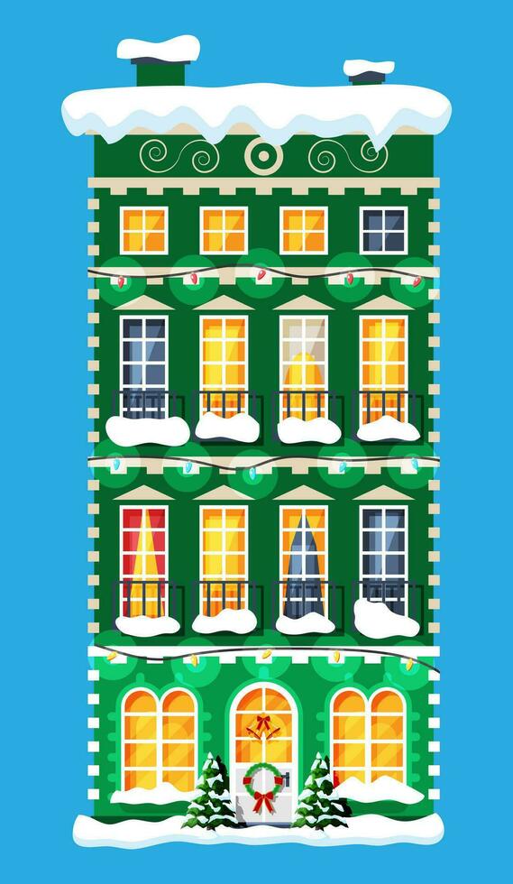 City House Covered Snow. Building in Holiday Ornament. Christmas Tree Spruce, Wreath. Happy New Year Decoration. Merry Christmas Holiday. New Year and Xmas Celebration. Flat Vector Illustration