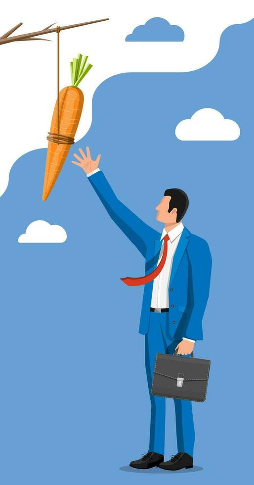 Carrot on a stick and businessman. Motivation, stimulus, incentive and reaching goal concept metaphor. Fishing wooden stick with hanging carrot vector