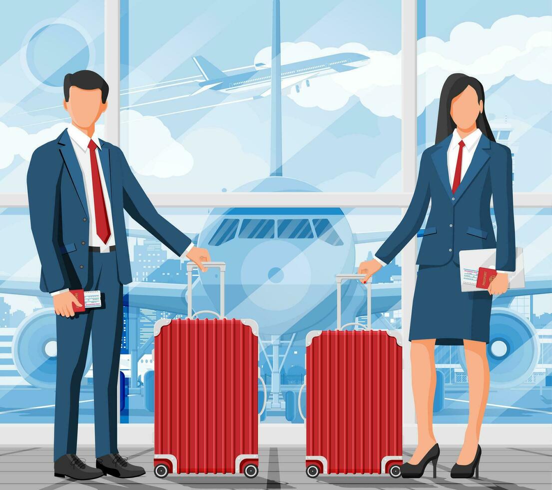 mujer con viaje bolsa. turista con maleta, pasaporte, boleto, embarque pasar en aeropuerto. empresario con equipaje. negocio mujer y hombre con equipaje. negocio vuelo. plano vector ilustración