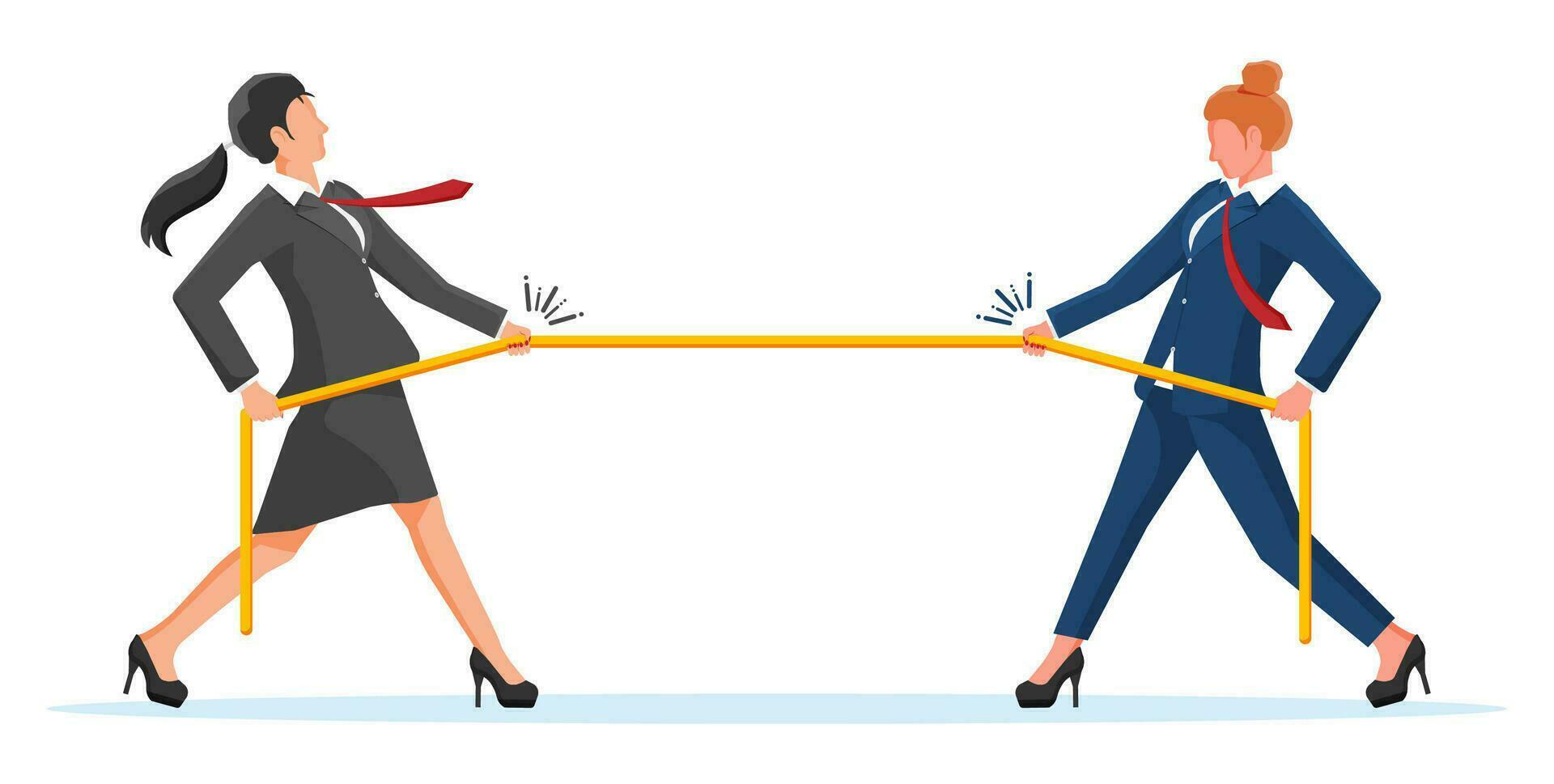 Two Businesswomen Pull of Rope. Women Tug of War and Look at Each Other. Business Target, Rivalry, Competition, Conflict. Achievement, Goal Success. Flat Vector Illustration