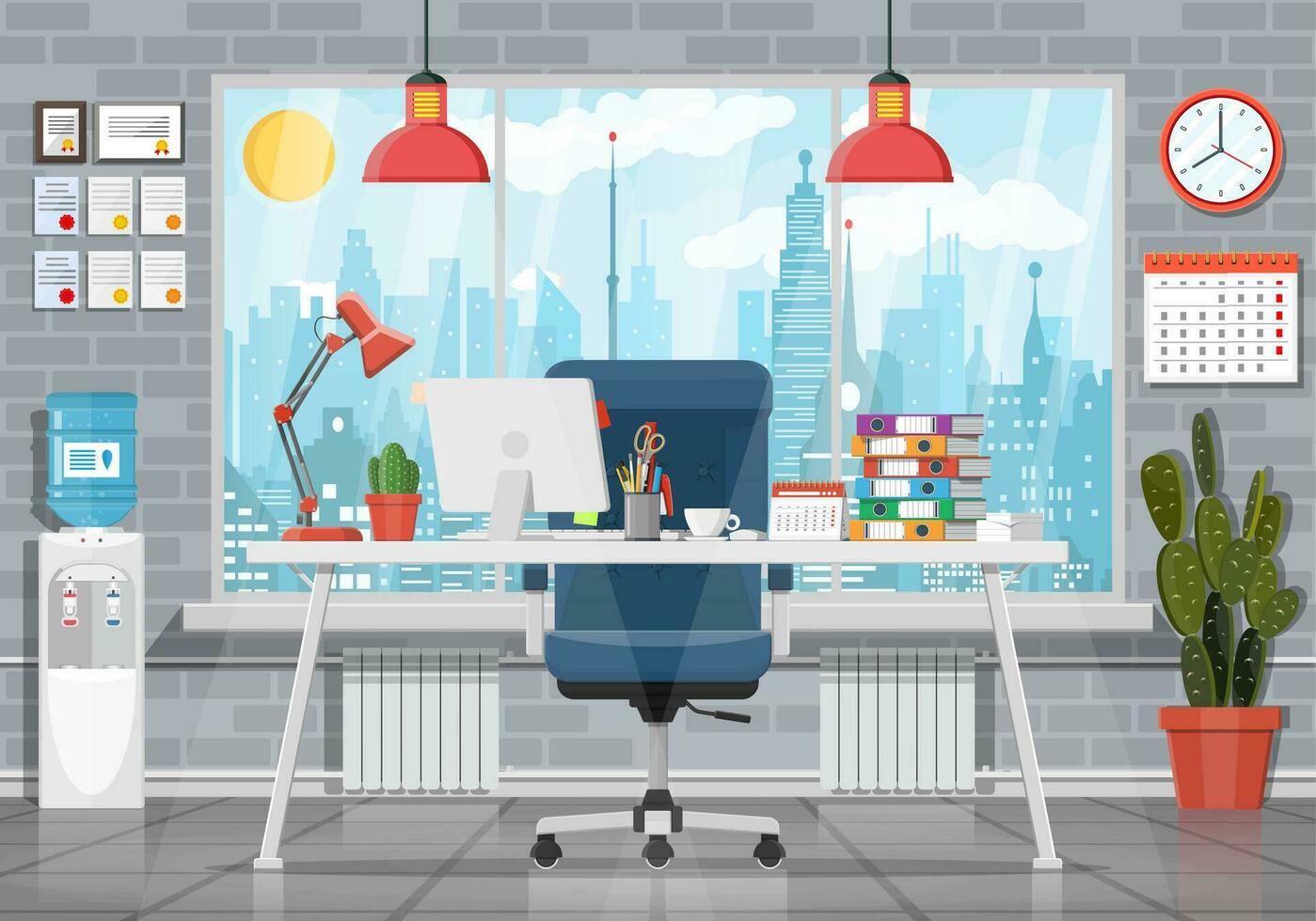 Office building interior. Desk with computer, chair, lamp, books and document papers. Water cooler, cactus, clock, window and cityscape. Modern business workplace. Vector illustration in flat style