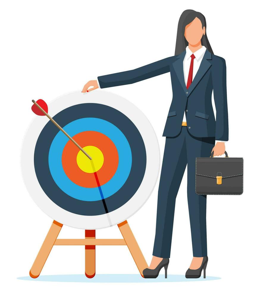 Happy businesswoman and dart target. Goal setting. Business woman with briefcase. Smart goal. Business target concept. Achievement and success. Vector illustration in flat style