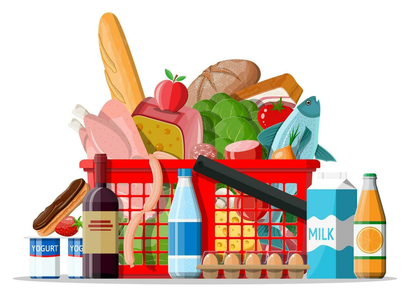 Plastic shopping basket with fresh products. Grocery store supermarket. Food and drinks. Milk, vegetables, meat, chicken cheese, sausages, salad, bread cereal steak egg. Vector illustration flat style