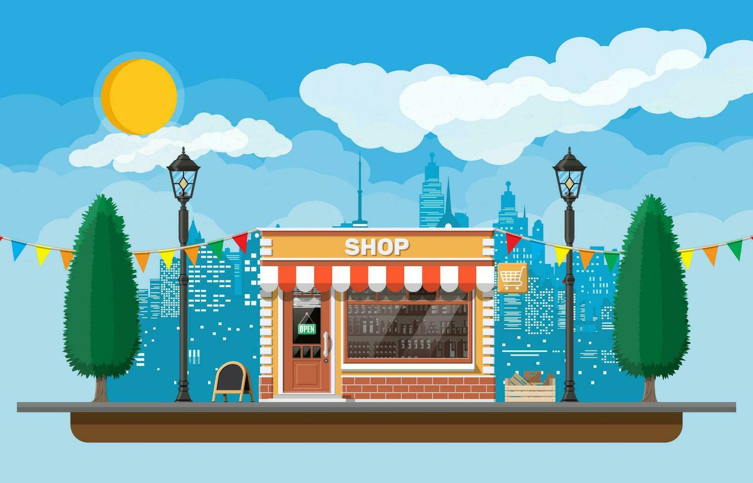 Empty store front with window and door. Glass showcase, small european style shop exterior. Commercial, property, market or supermarket. City park, street lamp and trees. Flat vector illustration