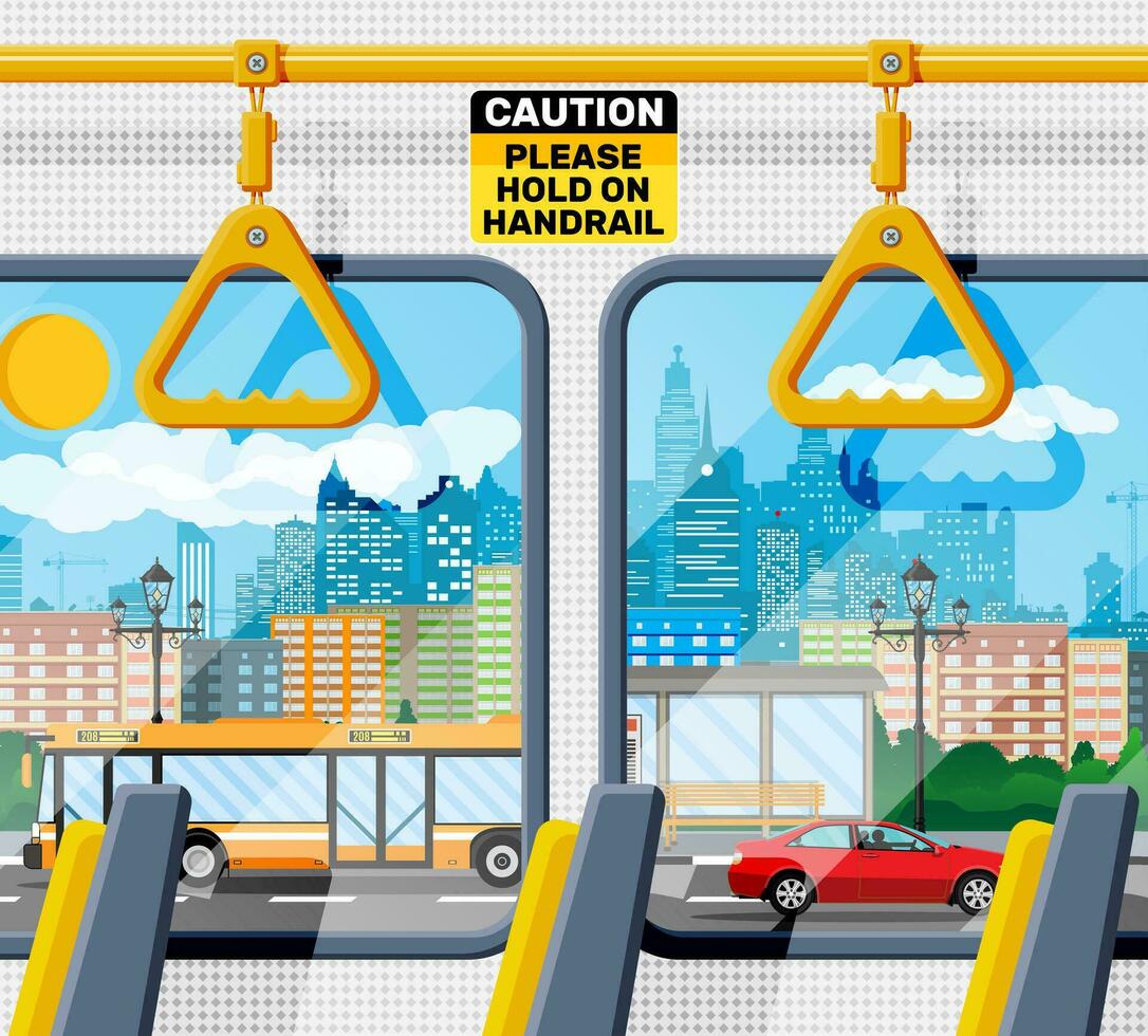 Interior of bus salon. Public city transport. Empty lounge inside modern bus. Seats, windows and handrail. Cityscape with building, road, car. Urban skyline. Cartoon flat vector illustration